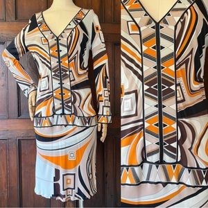 Emilio Pucci Brown and Orange Geometric Long Sleeve Knit Dress Size 12